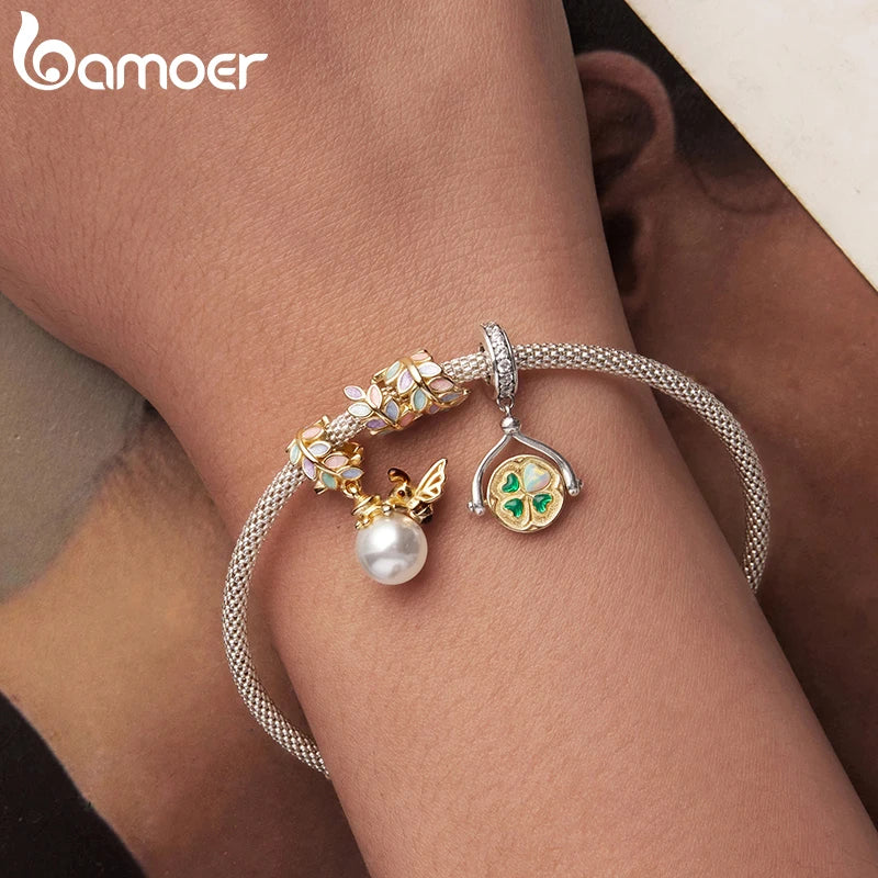 Bamoer 925 Sterling Silver Autumn Gold Leaves Charms Lucky Four-Leaf Clover Spinning Pendant for Women Bracelet DIY Jewelry Gift