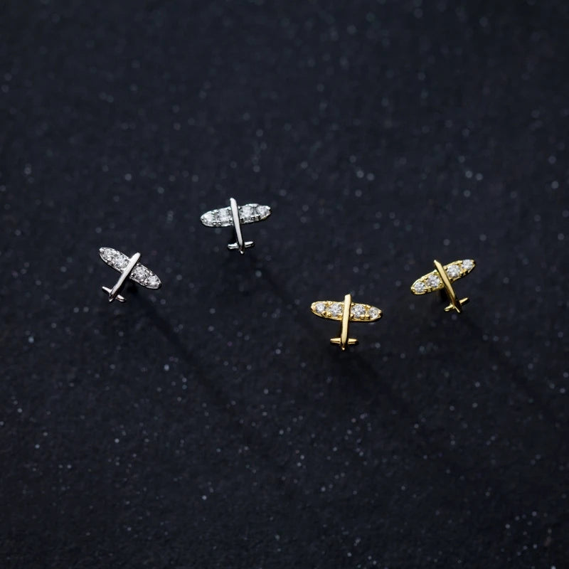 MKENDN 100% 925 Sterling Silber Mini Kristall Flugzeug Ohrstecker für Damen Mädchen Piercing Ins Niedlicher minimalistischer Ohrring