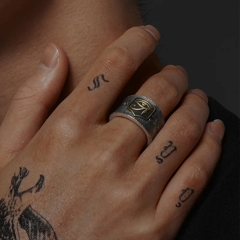 Bague large œil d'Horus doré craquelé rétro pour homme, style punk gothique, ajustable, bijou de créateur fait main, accessoire unisexe