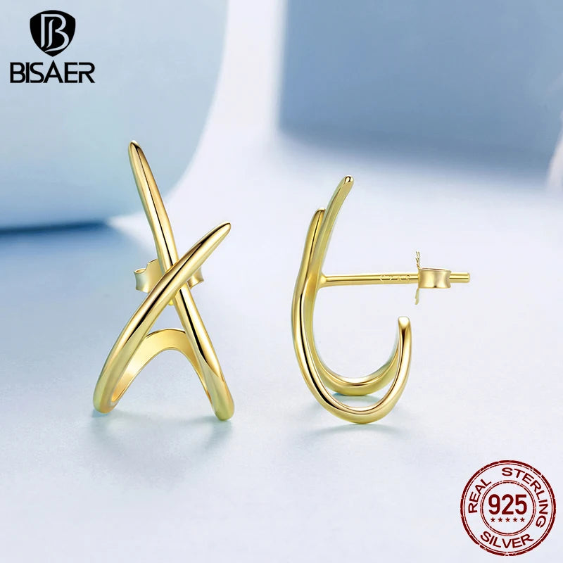 BISAER 925 Sterling Silver Double Huggie Stud Earrings Trendy  X Minimalist Hypoallergenic 14K Gold Plated Earrings for Women