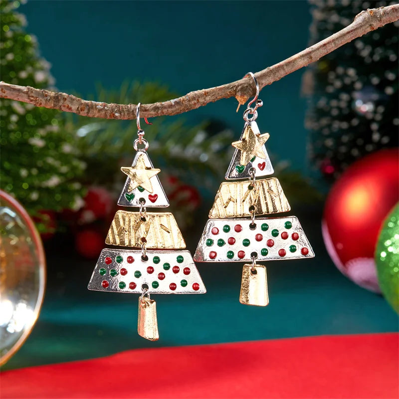 Vintage Metal Splicing Christmas Tree Long Drop Earrings for Women Hollow Xmas Tree Star Dangle Earring Party Punk Cool Jewelry