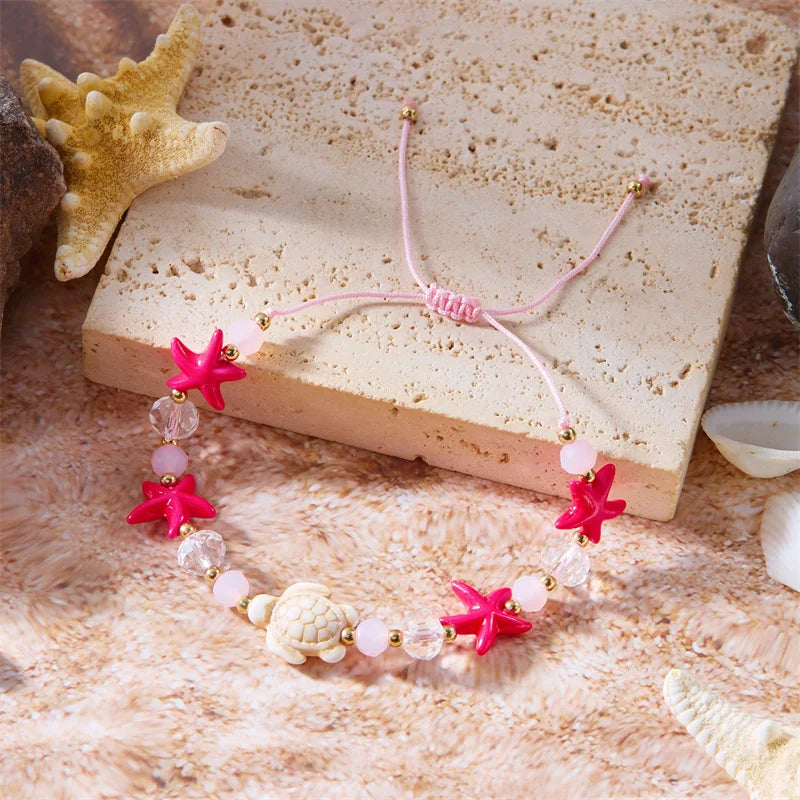 Bohemian Starfish Conch Shell Beads Bracelet For Women Girls Summer Beach Party Rice Bead Adjustable Bangle Friendship Jewelry
