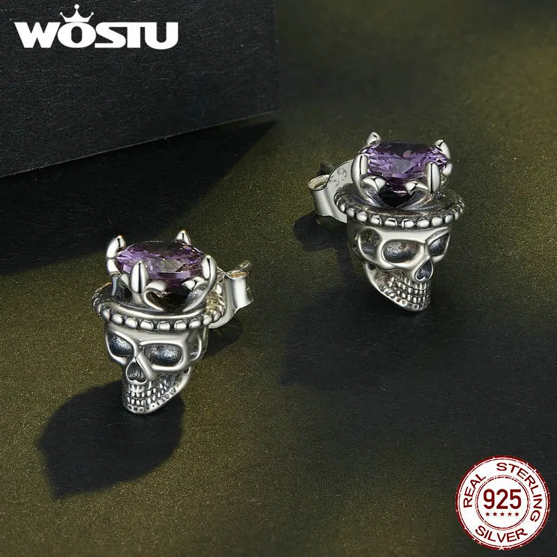 WOSTU 925 Sterling Vintage Silver Punk Jewelry Skull Crown Stud Earrings Women Carved Purple Zircon Personalized Hip Hop Gift