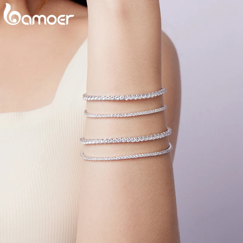 BAMOER Luxus-Tennisarmband aus 925er Sterlingsilber mit Pavé-Fassung, dehnbar, mit runden Zirkonia-Steinen, klassisches Geschenk für Damen zur Hochzeit