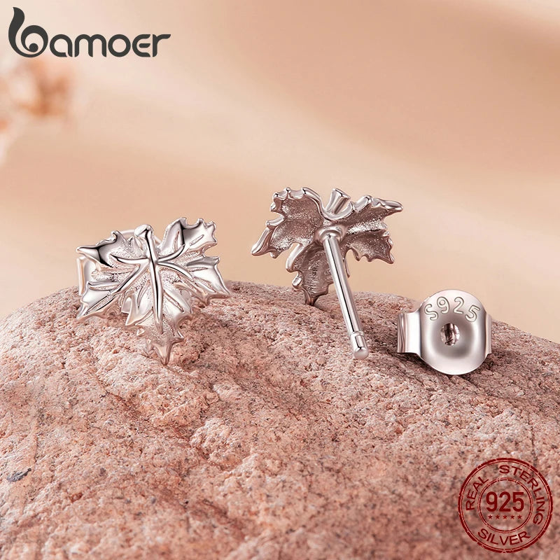 BAMOER 925 Sterling Silver Falling Maple Leaves Stud Earrings For Women , Autumn Themed Flower Leaf Shape Piercing Earrings