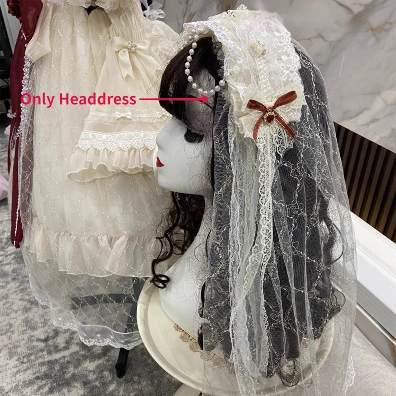 Japanisches Sweet Lolita Prinzessinnenkleid für Damen, elegant im Vintage-Stil mit Schleife, schulterfrei, aus Spitze, Mesh und Perlen, Abendkleid für Partys, Lolita-Kleidung