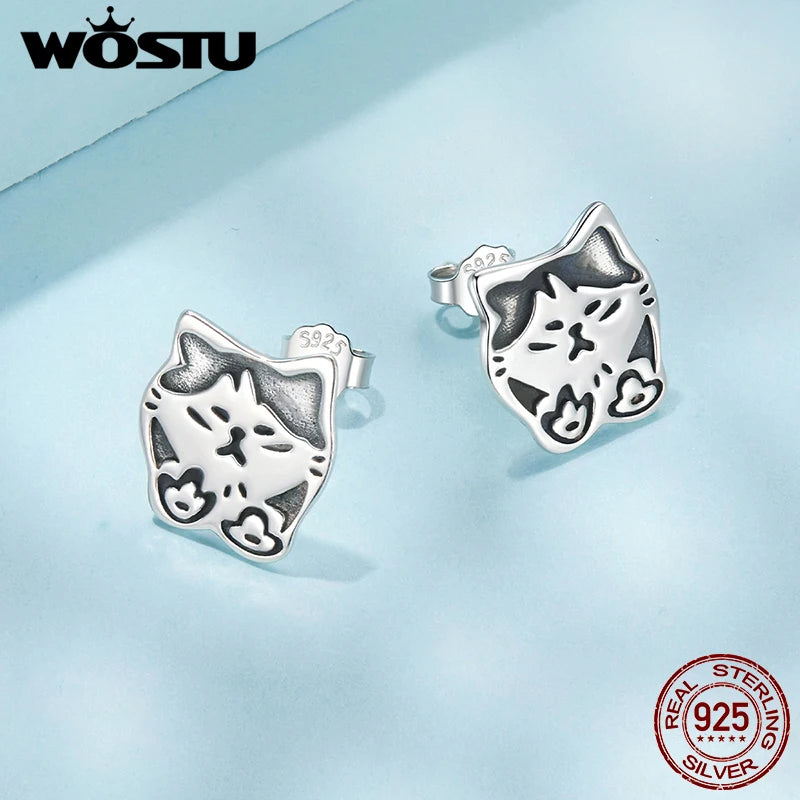WOSTU Real 925 Sterling Silver Bowtie Cat Stud Earrings for Women Graffiti Cat Ear Studs Lovely Pet lover Faimly Jewelry Gift