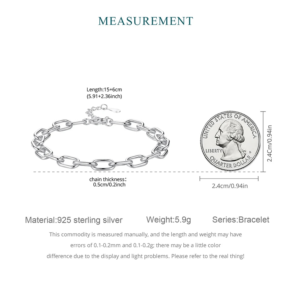 WOSTU Solid 925 Sterling Silver 5MM Thick Paperclip Bracelet For Women , s925 Clip Charm Bracelets Jewelry Making Birthday Gift