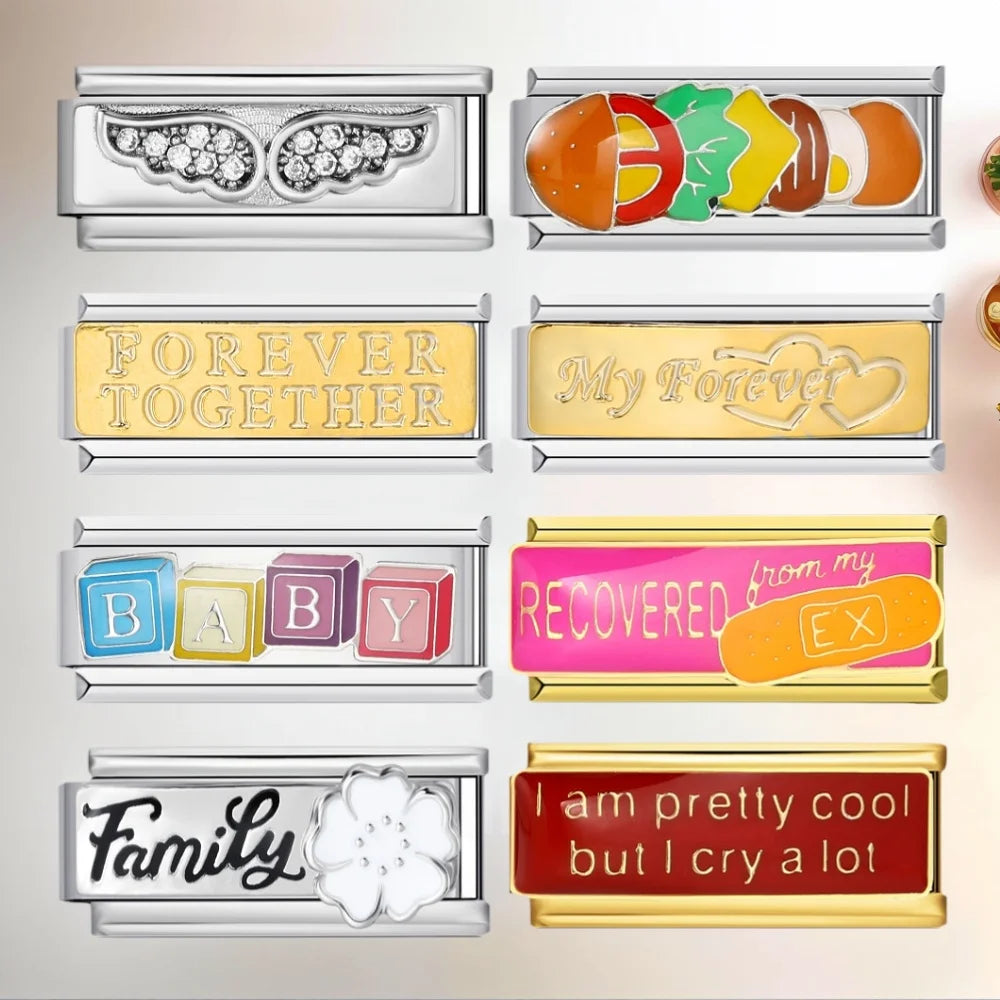 URING Women Men Charms Beads Trendy Baby Hamburger Heart Angel Wings Stainless Steel Italian Jewelry Link Making DIY Bracelets