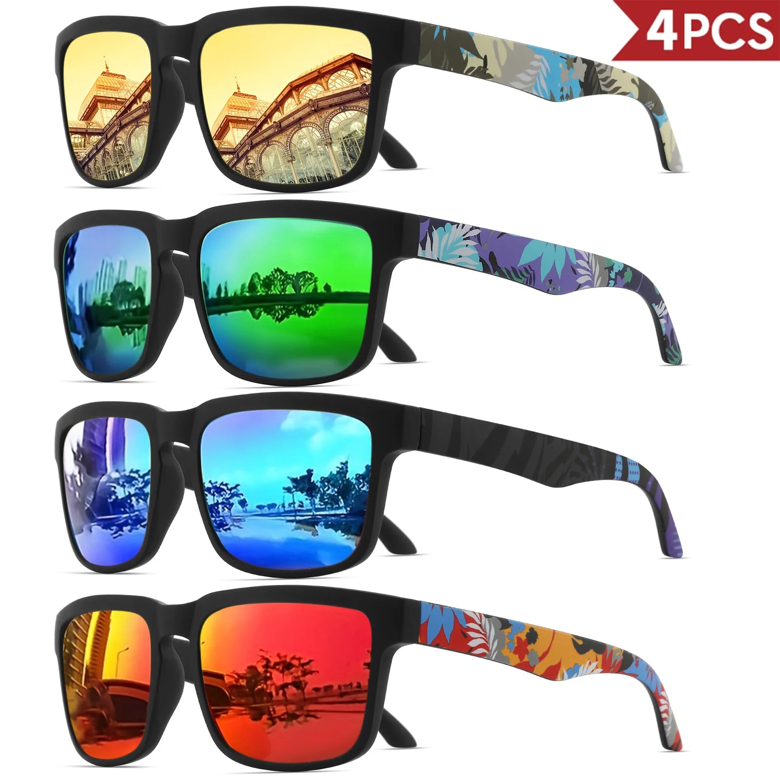 4PCS Square Sports Sunglasses with Designer Temple Pattern - UV400 for Men Women, Beach Vacation