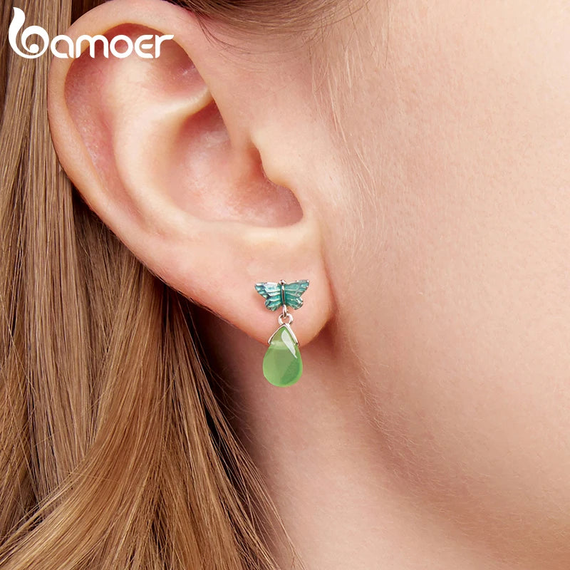 BAMOER 925 Sterling Silver Butterfly Stud Earrings for Women Teens, Crystal Green Resin Teardrop Dangle Earrings Hypoallergenic