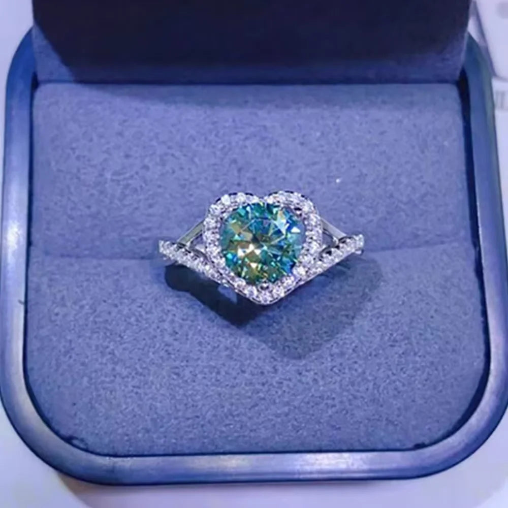 Serenity 1ct Heart Cut Green Moissanite Rings for Women Wedding Bridal 100% Sterling Silver Plated 18K Eternity Ring Jewelry GRA