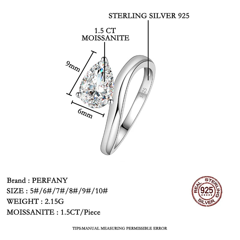 PERFANY 1.5CT Pear Cut Moissanite Ring for Women S925 Pure Silver Waterdrop Laboratory Diamond Fashion Wedding Jewelry Gift
