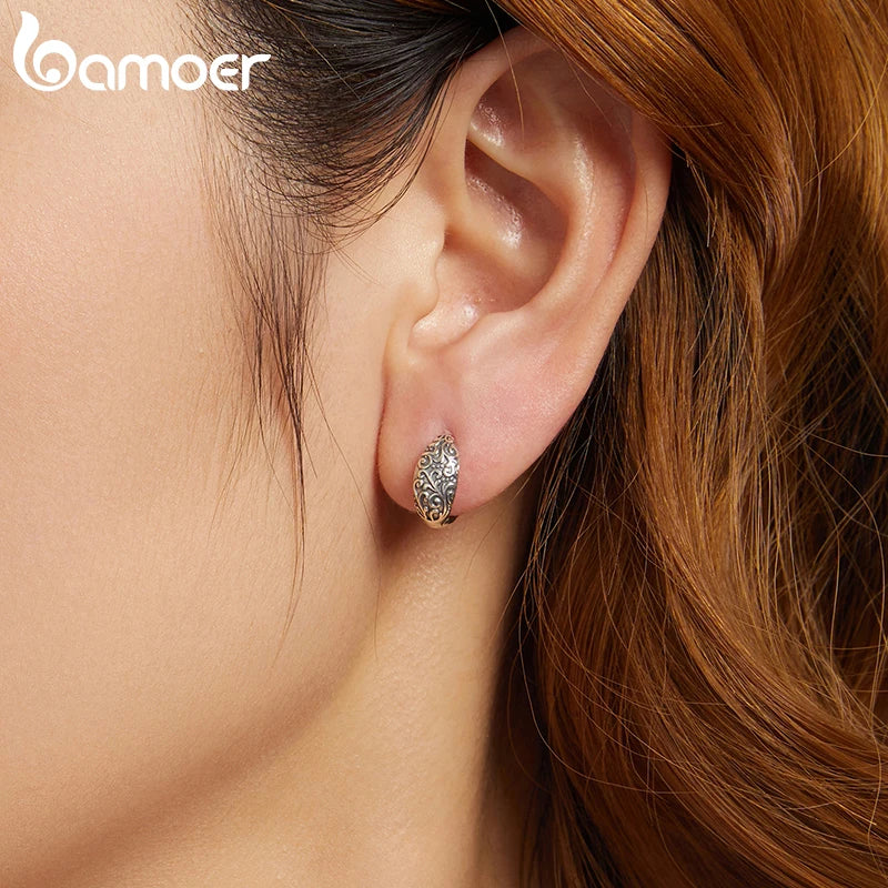 BAMOER Solid 925 Sterling Silver Retro Pattern Hoop Earrings for Women, Hypoallergenic Lightweight Personalized Fine Jewelry