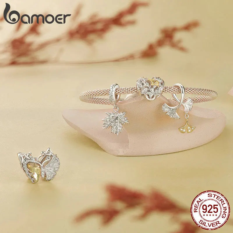 BAMOER 2024 Autumn Collection 925 Sterling Silver Ginkgo Leaf Charm Beads Butterfly Heart Shaped Charm fit Original Bracelet DIY