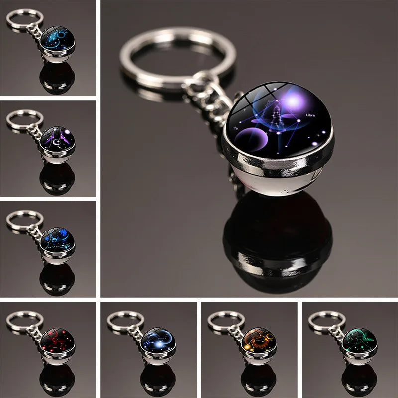 New Starry Sky Twelve Constellations Keychain Time Gemstone Double Sided Glass Ball Metal Keyring Bag Decoration Metal Keyholder