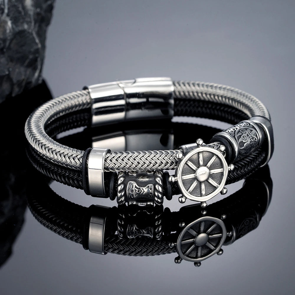 MKENDN Norse Mythology Viking Rudder Runes Amulet Bracelet for Men Stainless Steel Non-fading Steel Wire Rope Bracelets Gifts