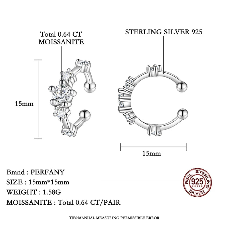 PERFANY 0.64CT All Moissanite Clip Earrings Women's 100% Pure Silver Minimalist Design Laboratory Diamond Hip Hop Party Jewelry