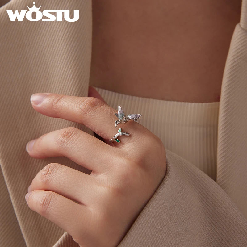 WOSTU 925 Sterling Silver Kingfisher Open Ring For Women, Pink Green Leaf bird Stackable Rings Fine Jewelry Party Gift