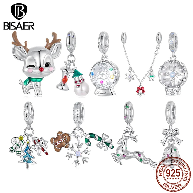 BISAER 925 Sterling Silver Christmas Series Charm Bead Crystal Ball Snowman Apple Safety Chain Fit Women DIY Bracelet Jewelry