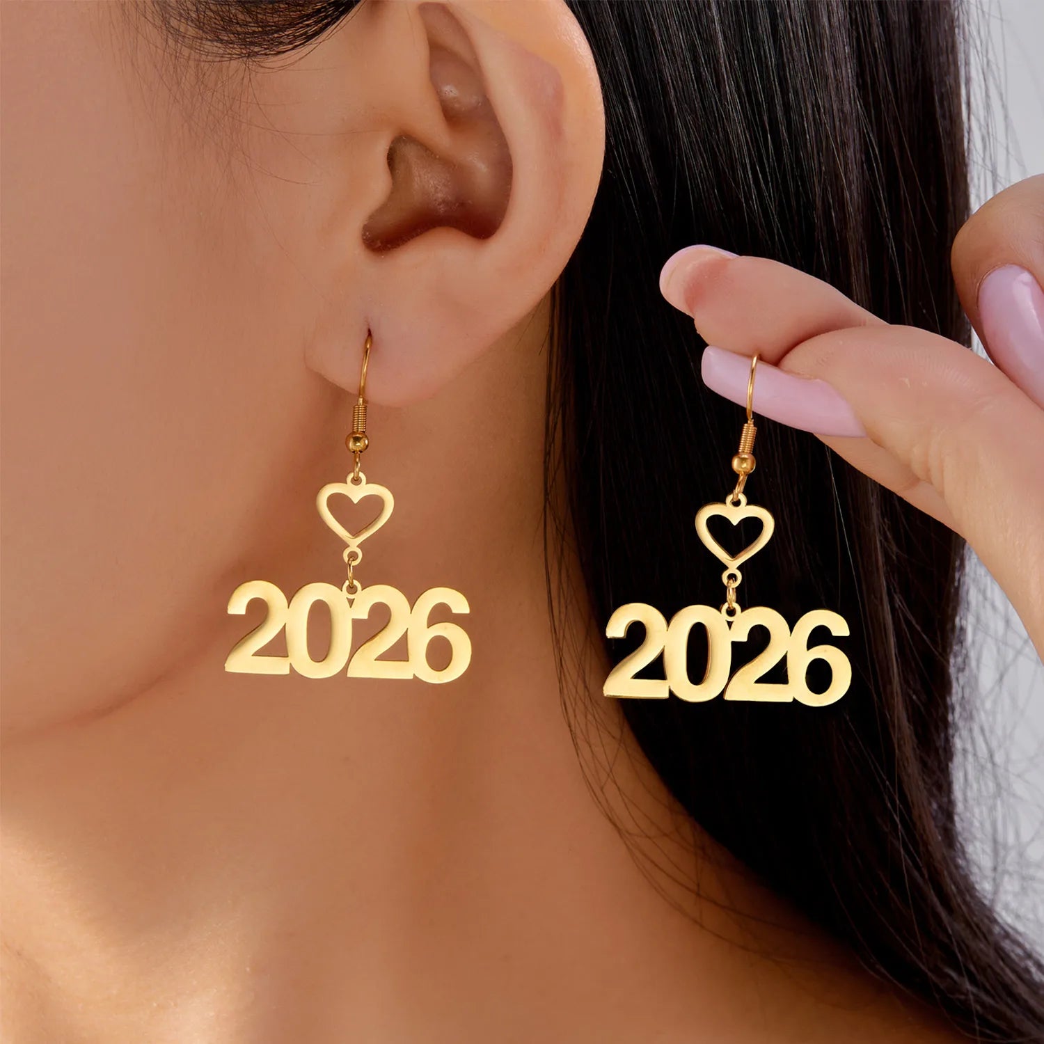 Stainless Steel Number 2026 Pendant Drop Earrings For Women Gold Color Geometric Star Heart Hanging Earrings New Year Jewelry