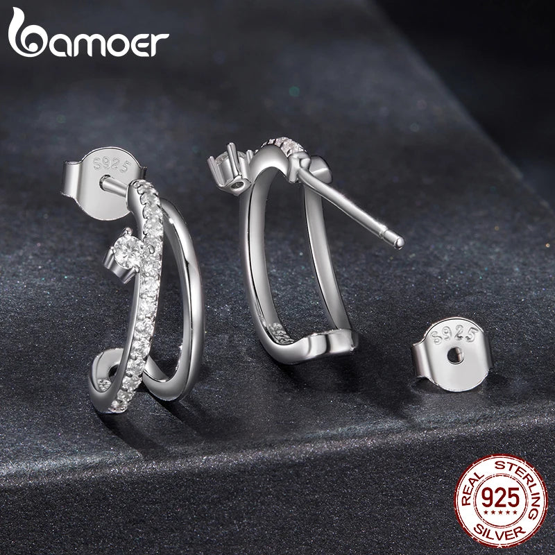 Boucles d'oreilles BAMOER Moissanite à clous détachables, créoles double couche, couleur D, taille ronde, argent sterling 925 pour femmes