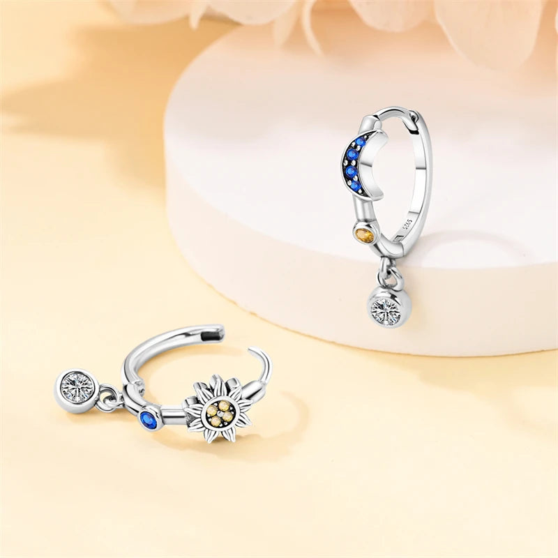 Classic Earrings 925 Silver Zircon Shiny Stars Moon Warm Sun Double Hoop Earrings For Women Original Birthday Party Jewelry Gift