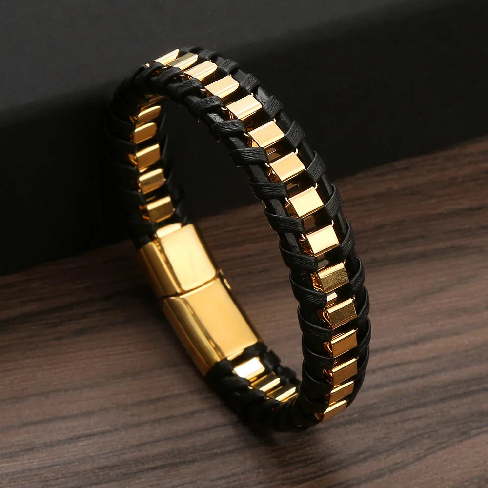 MKENDN Locomotive Vintage Black Chain Link Men Leather Bracelet Punk Stainless Steel Motorcycle Bracelets Male Jewelry