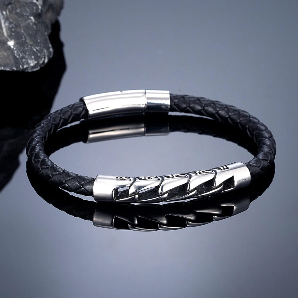 MKENDN Simple Style Braided Leather Bracelet Vintage Men Bicycle Chain Bracelet Stainless Steel Easy Buckle Male Jewelry