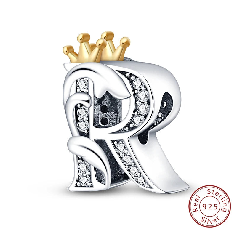 925 Sterling Silver 26 Alphabet A-Z Crown Letters Charms Bead Fit Original Bracelet Fine DIY Charm For Woman Anniversary Jewelry