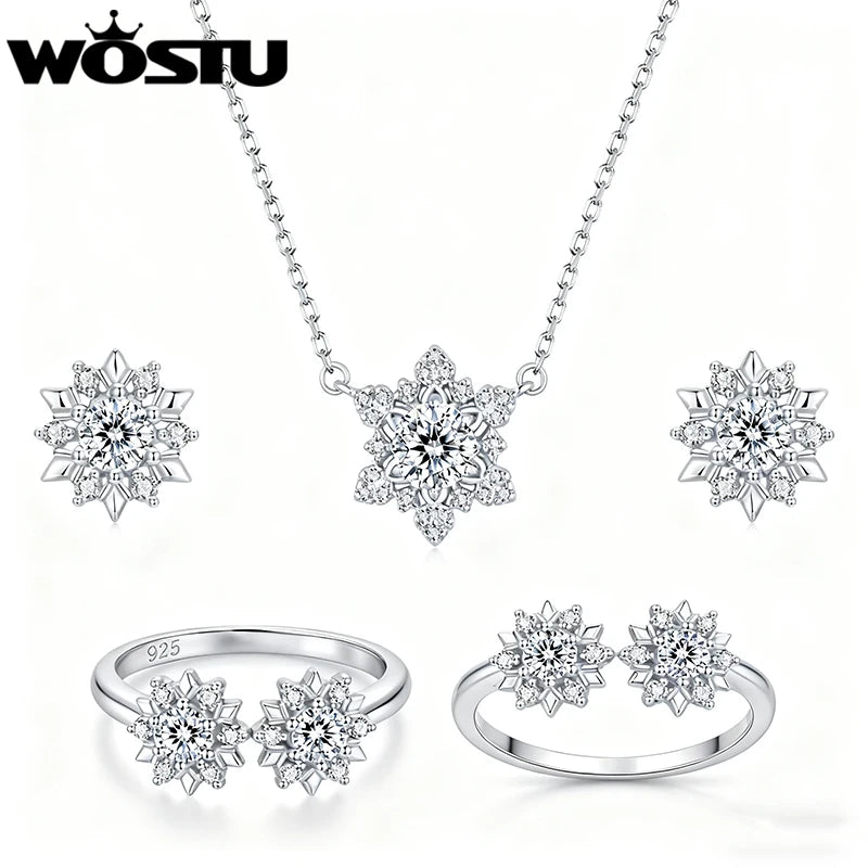 925 Sterling Silver Snowflake Jewelry Necklace Earrings Ring For Women, Sparkling Cubic Zirconia 3-Piece Gift Set for Women Xmas