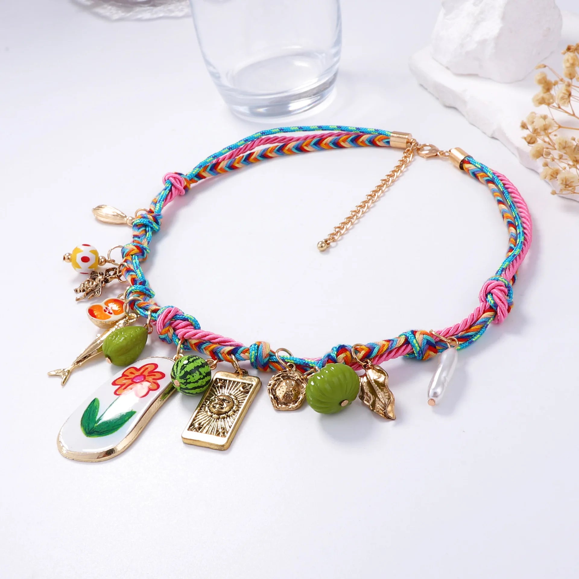 Summer Colored Hand Woven Rope Alloy Flower Fruit Pendant Necklace