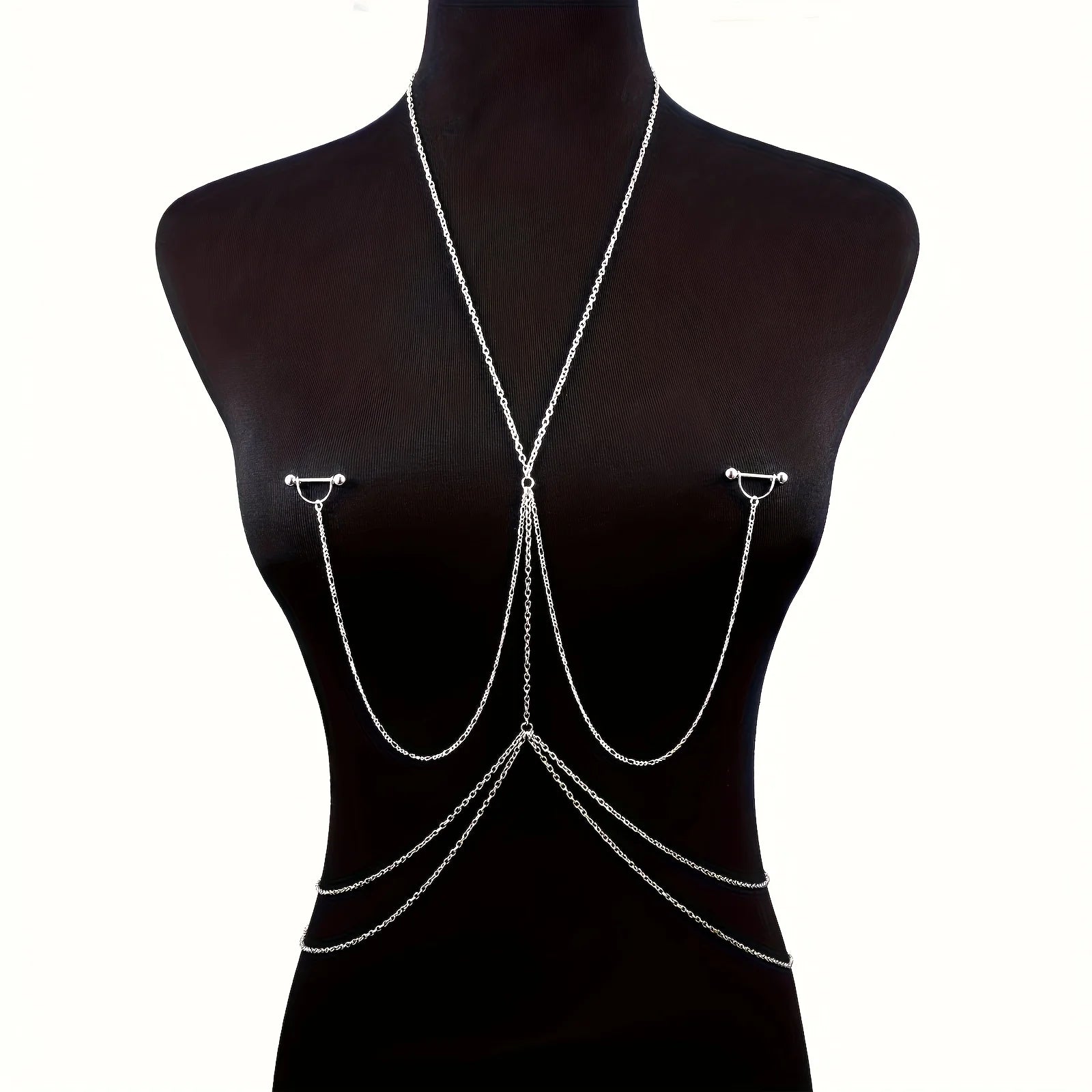A Silvery Stainless Steel Body Chain With A Sexy Nipple Ring And Chain, A Fake Nipple Ring, Ladies' Jewelry.