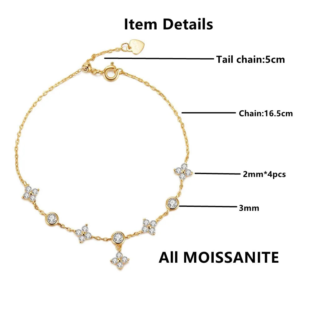 OXTAO Adjustable Chain Four-leaf Flower Bracelet With Certified Moissanite Bracelet for Women Real 925 Silver Jewelry Gift