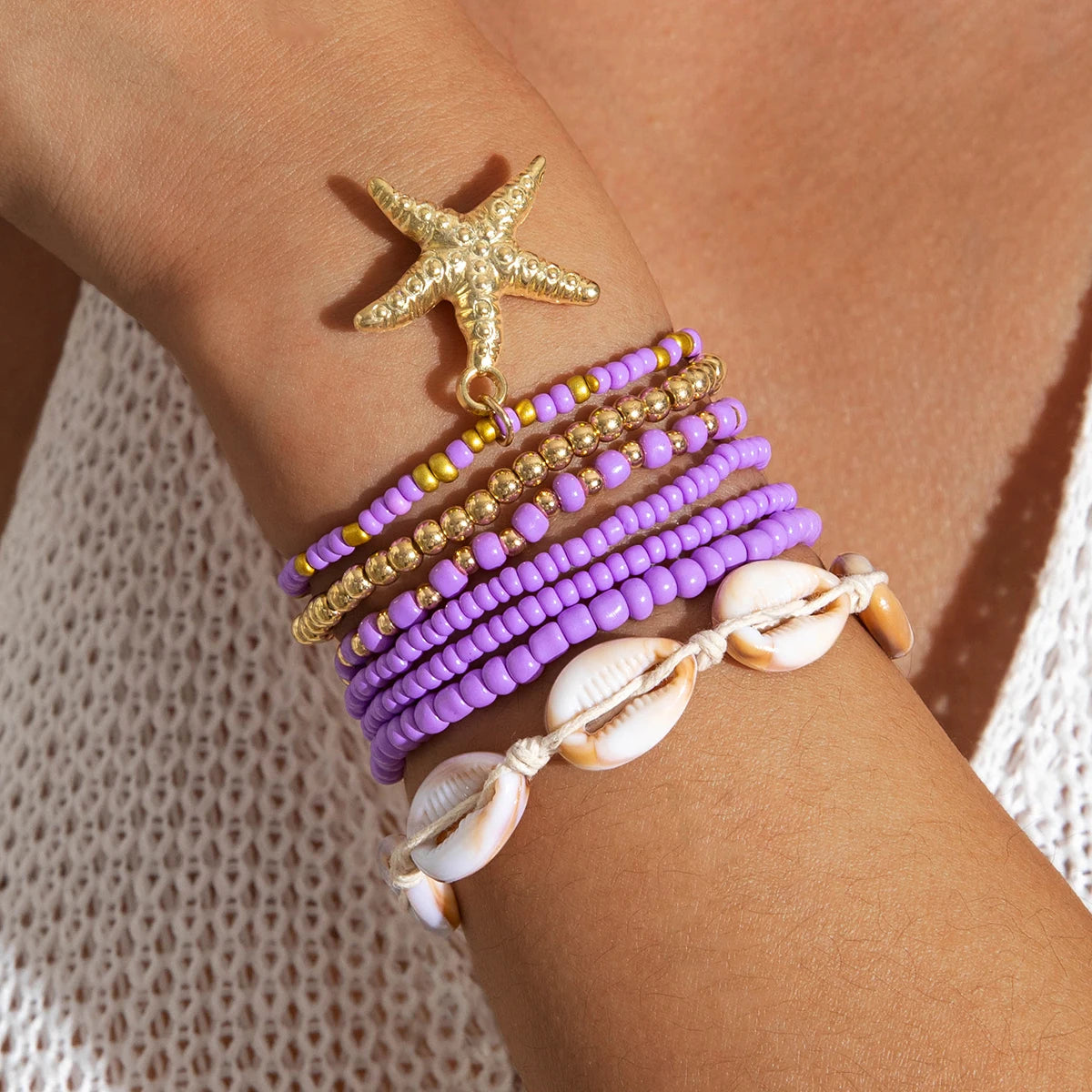 Tocona Bohemian Resort Style Shell Beaded Weaving Bracelet Beach Style Starfish Rice Beads Seven Piece Set for Women 25134 - Madeinsea©