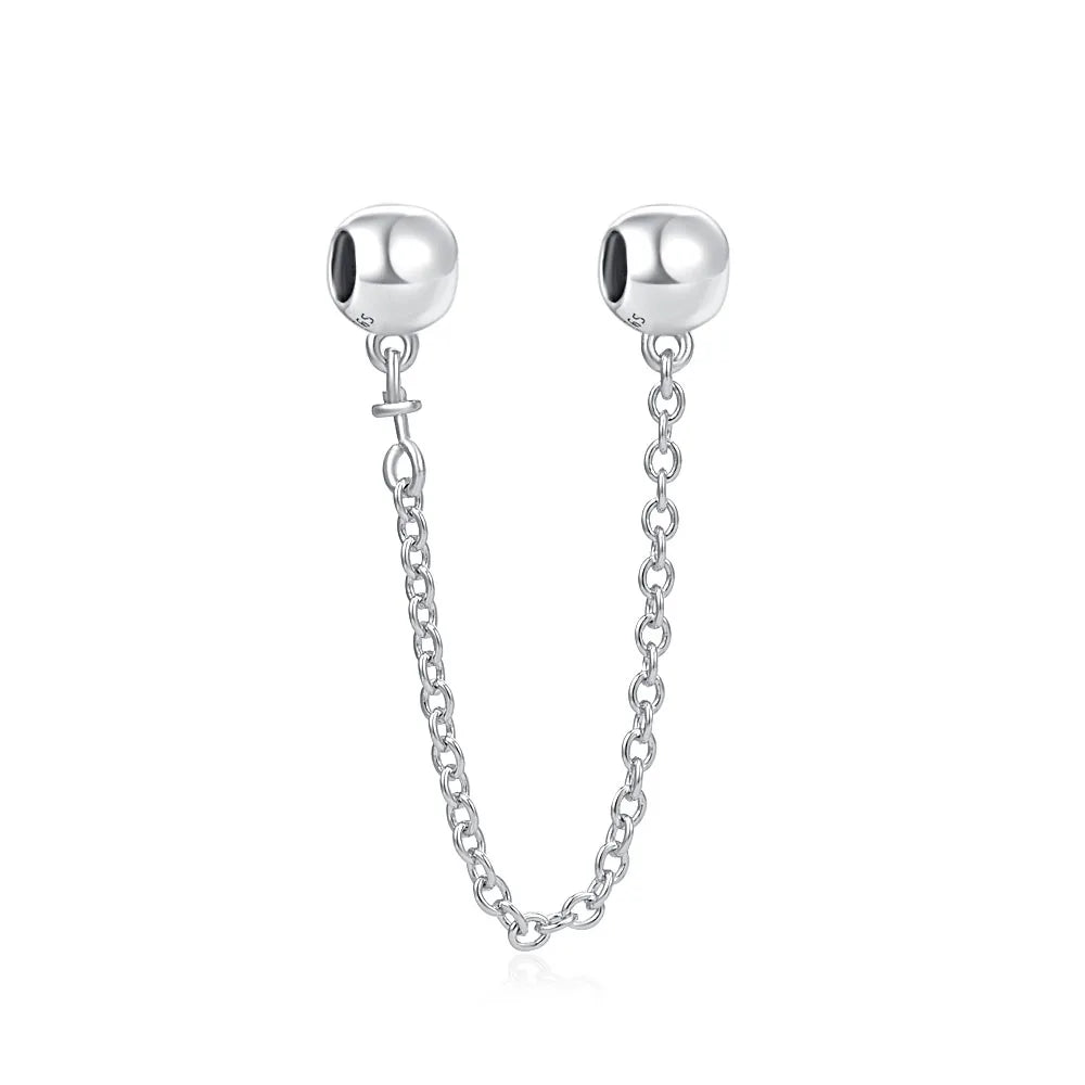 Silver 925 Sparkling Clear Sparkle Bow Stars Safety Chain Charm Bead Fit Original Pendant DIY Jewelry For Women