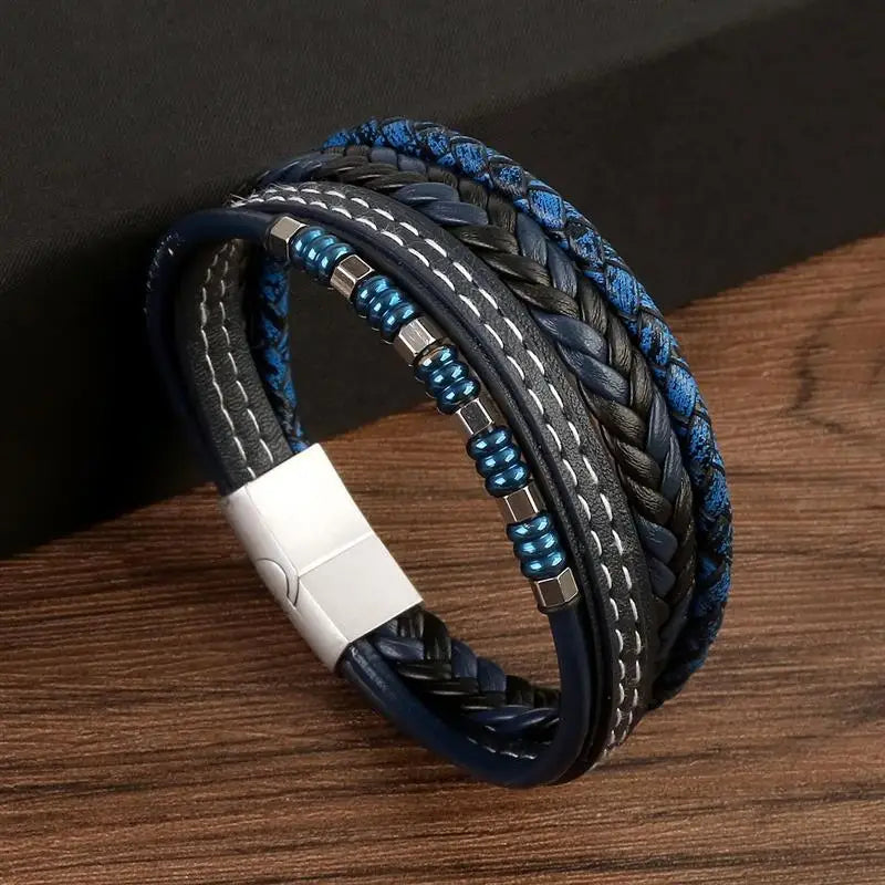 Jiayiqi New Design Punk Leather Bracelet Men Fashion Beaded Multi-Layer Leather Bracelet For Men New Year Jewelry Gift