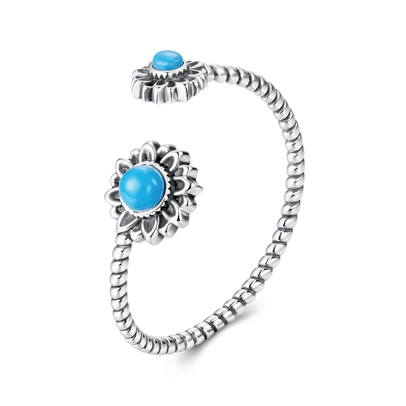 WOSTU 925 Sterling Silver Vintage Turquoise Sunflower Ring Stacking Simple Flower Opening Rings Jewelry Gift For mom Love Family