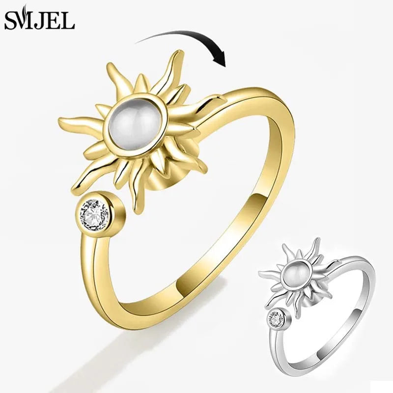Korean Fashion Anxiety Fidget Spinner Rings for Women Crystal Rose Sunflower Butterfly Rotating Mood Ring Girls Wedding Jewelry