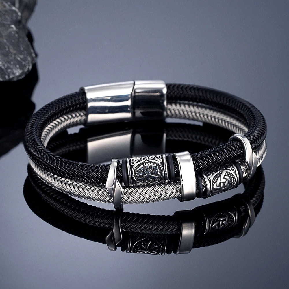 MKENDN Viking Style Men Jewelry Non-fading Steel Wire Rope Bracelet Norse Compass Runes Amulet Luxury Male Wristband Gifts