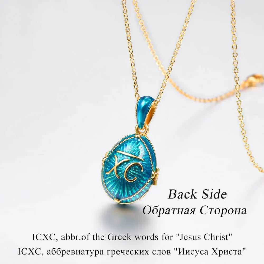 U7 Blue Red Oval Orthodox Cross Locket Necklaces Glaze of Enamel 14k Gold Color Religion Christians DIY Jewelry Gift for Her - Madeinsea©
