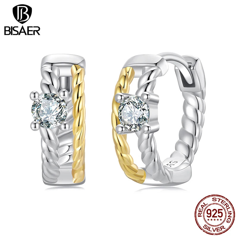 Boucles d'oreilles à tige exquises BISAER en argent sterling 925 avec moissanite bicolore pour femmes, bijoux fins de fiançailles, cadeau