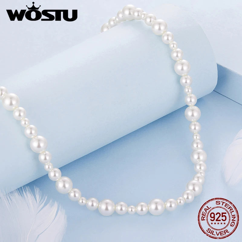 WOSTU 925 Sterling Silver Multi Layer Pearl Necklace For Women, Y-Shape CZ Pearl Pendant Elegant Valentine's Day Wedding Jewelry
