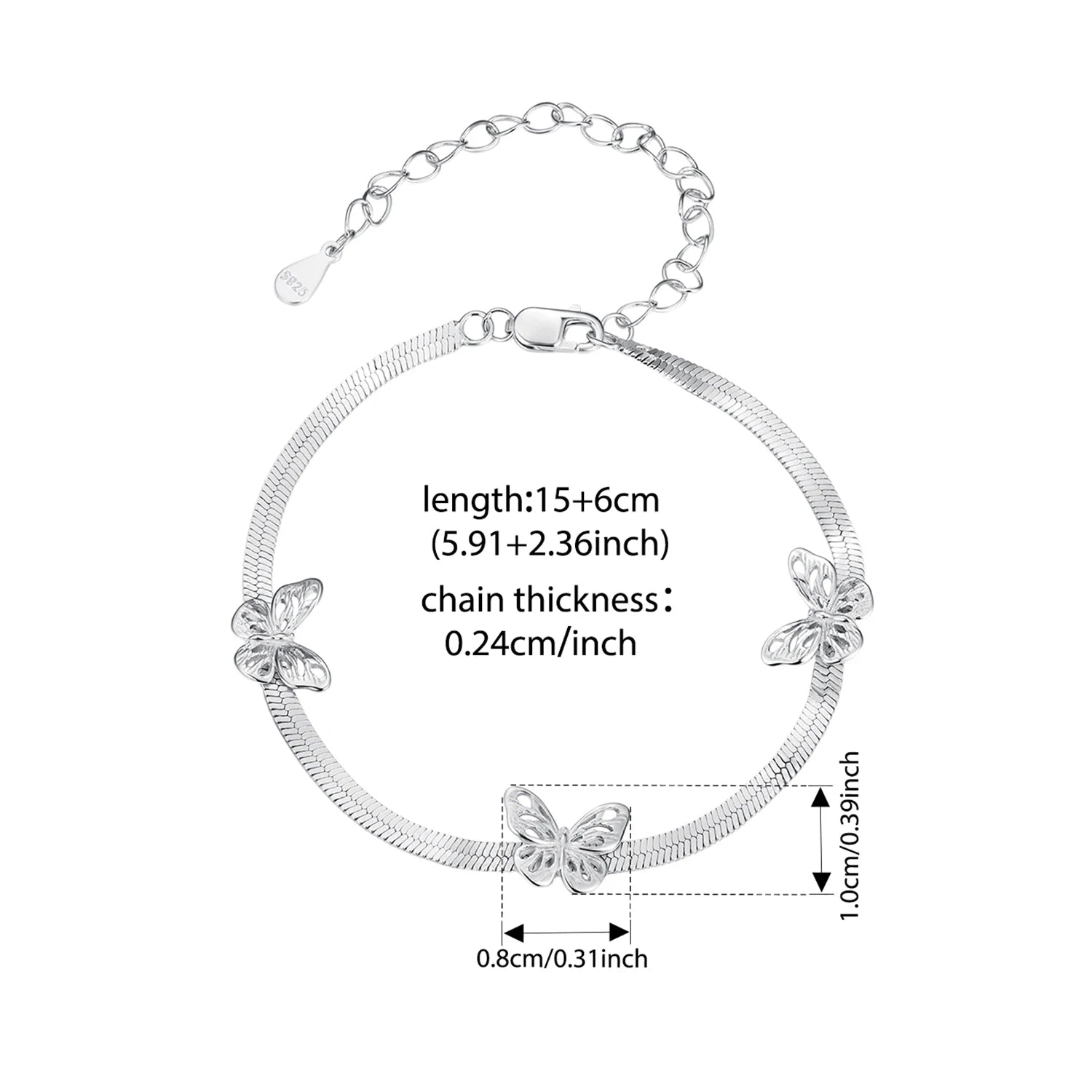 Bamoer Hollow Butterfly Armbänder, breite flache Schlangengliederkette, verstellbarer Armreif mit Anhänger, Schmuckgeschenk für Damen, 925er Sterlingsilber