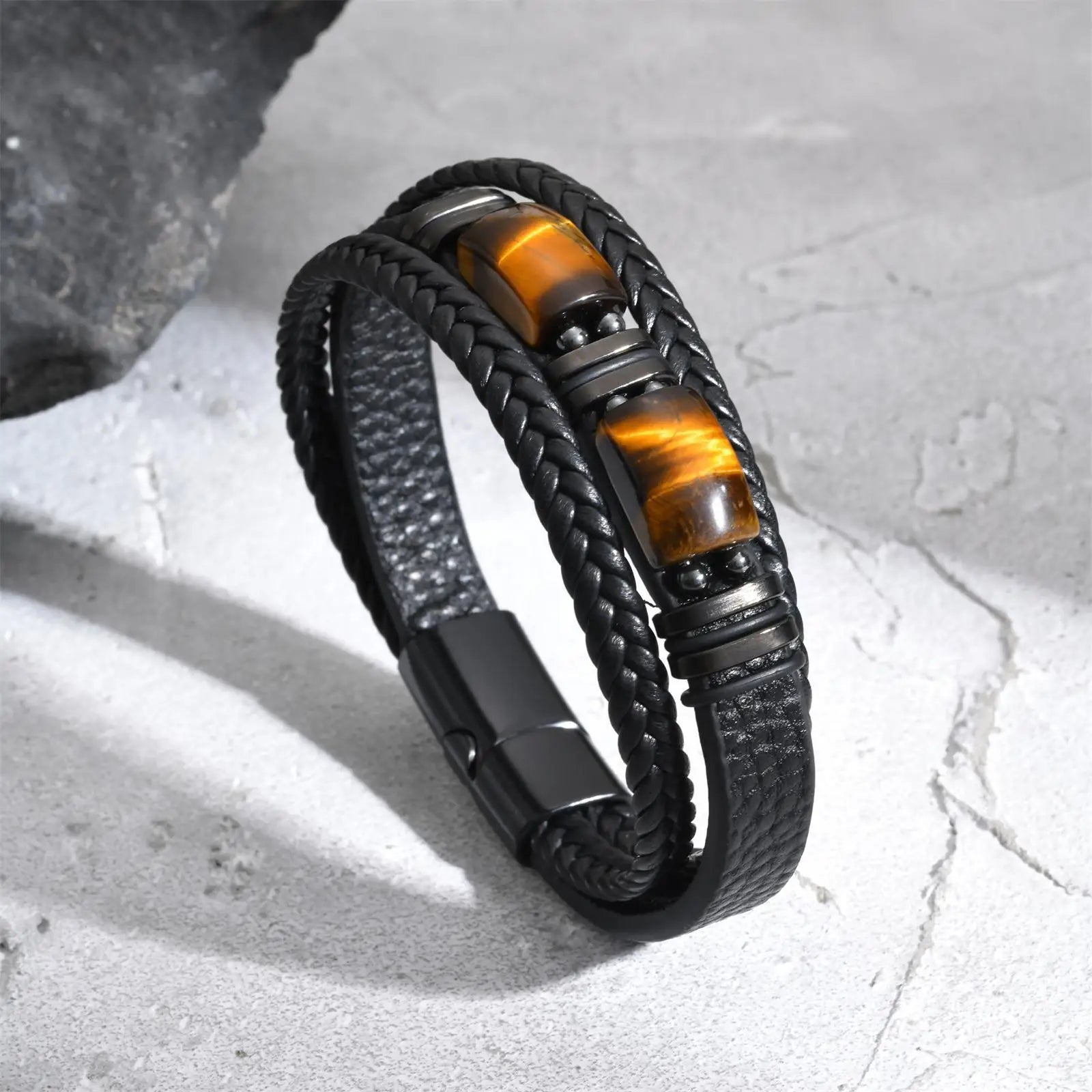 Bracelets en cuir et perles de pierre œil de tigre Vnox, bracelets joncs en cuir noir tressé superposés, bracelets anti-stress en pierre naturelle