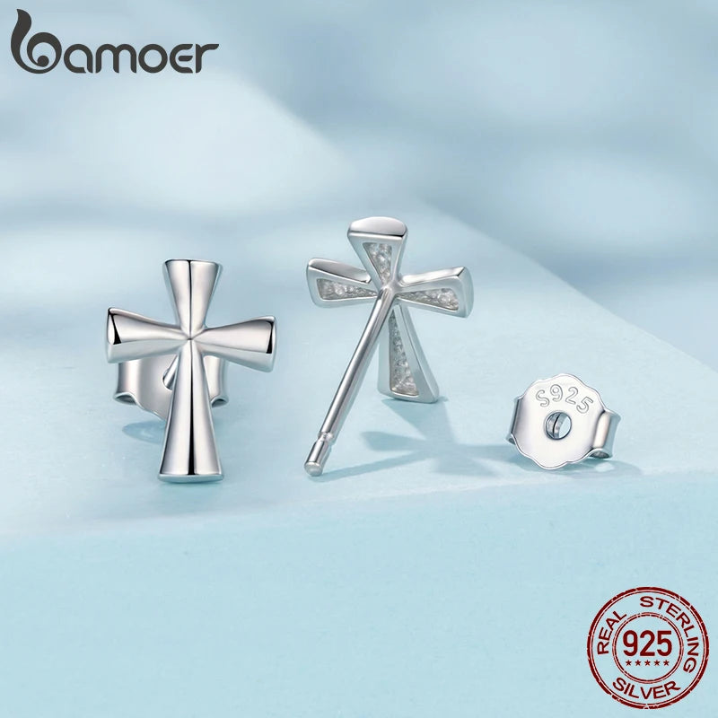 BAMOER 925 Sterling Silver Bold Cross Stud Earrings, Plated White Gold Religious Piercing CZ Earrings for Women Protection Gift