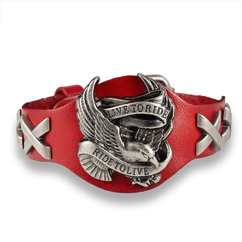 MKENDN Retro Punk Eagle Genuine Leather Bracelet Ride to Live Charm Bird Wide Bangles for Men Woman Pulseira Gift