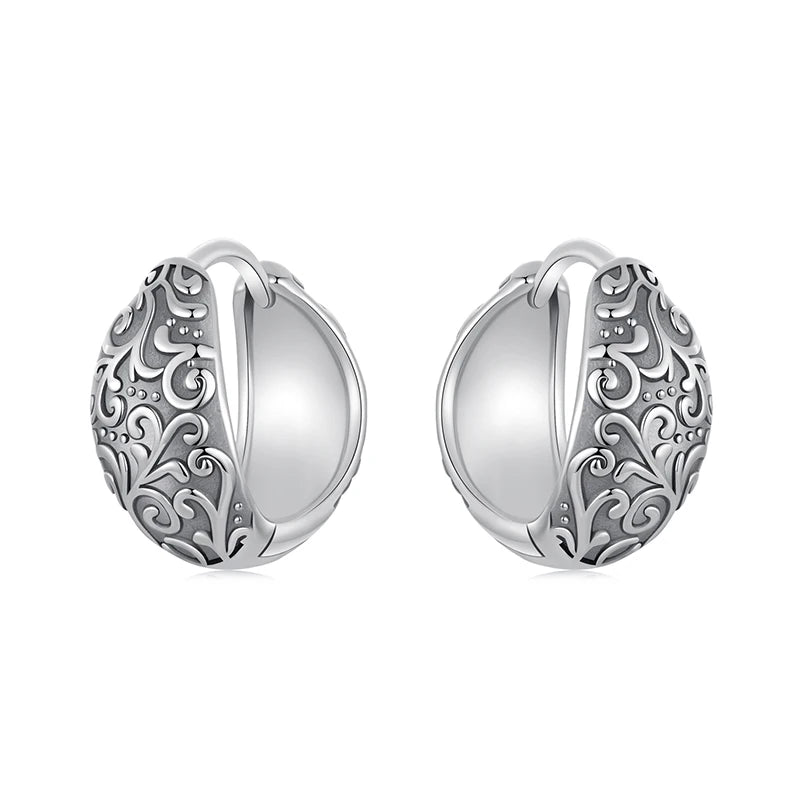 BAMOER Solid 925 Sterling Silver Retro Pattern Hoop Earrings for Women, Hypoallergenic Lightweight Personalized Fine Jewelry