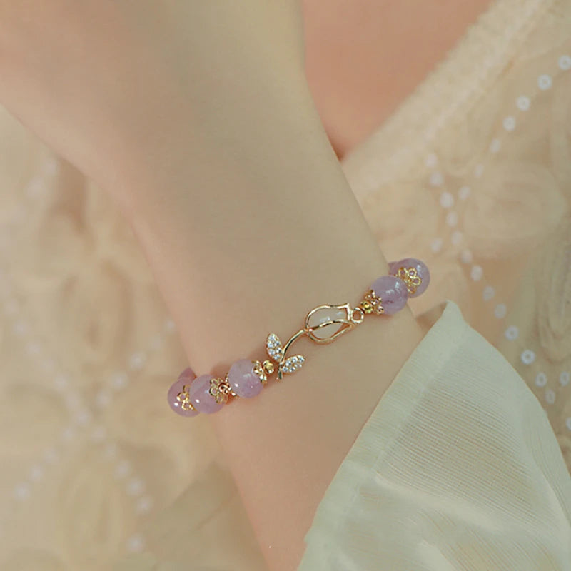 Korean Exquisite Opal Tulip Bracelet For Women Light Luxury Shiny Zircon Elegant Flower Bangle Party Banquet Charm Jewelry Gifts - Madeinsea©