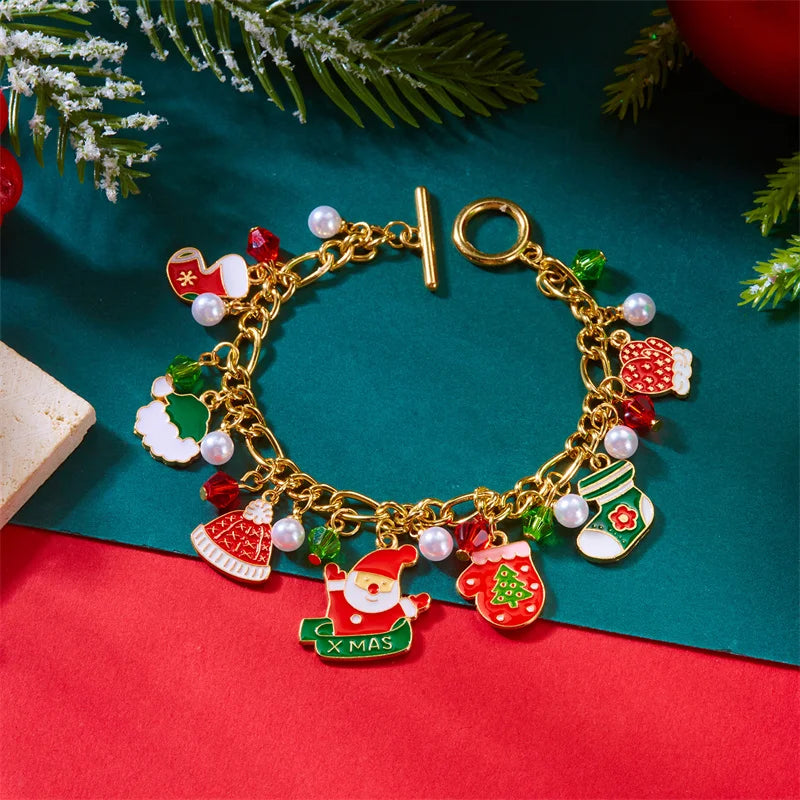 Creative Christmas Series Bracelet For Women Men Santa Claus Snowflake Zircon Elk Xmas Tree Metal Chain Bangles New Year Jewelry